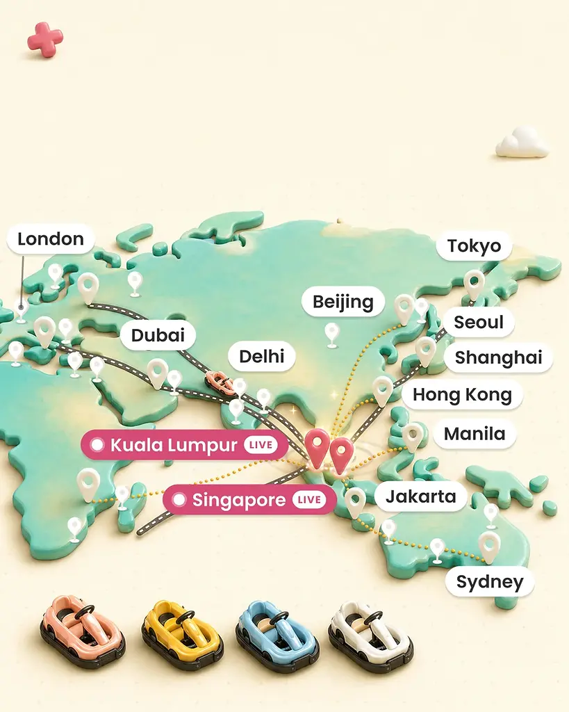 An isometric world map dotted with VroomTown city markers across Asia, the Middle East and Australia, with live pins on Kuala Lumpur and Singapore.