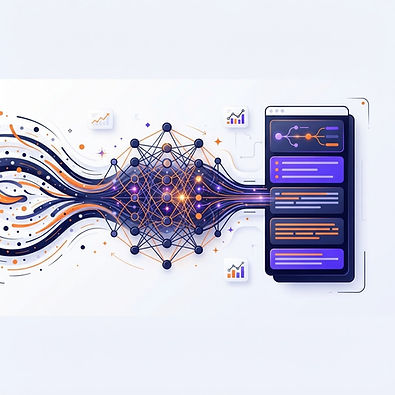 An abstract flow through connected language-model nodes into a conversational answer.