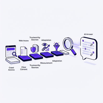 Illustrated steps connecting website content, search discovery, and AI answers with citations.