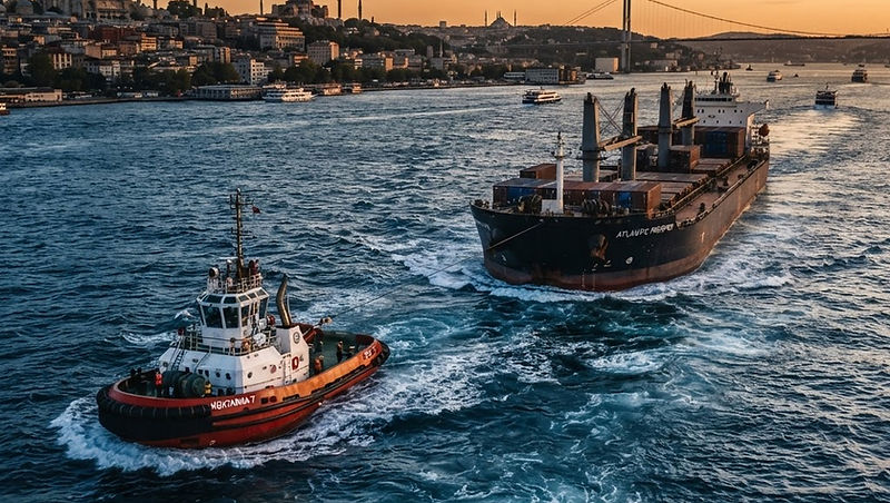 Boğaz'da kargo gemisine destek veren römorkör