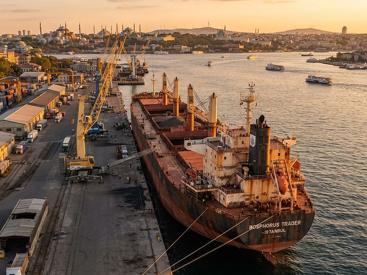 Commercial cargo vessel docked at Istanbul port