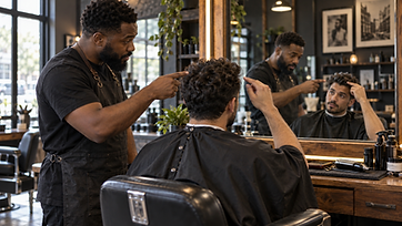 Barber and client discussing haircut length and shape in the mirror before cutting.
