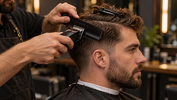 Barber using clippers over a cutting comb to refine the upper sides while the longer top is sectioned away.