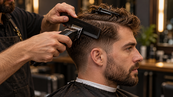 Barber using clippers over a cutting comb to refine the upper sides while the longer top is sectioned away.