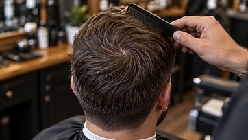 Close-up of a natural crown whorl as a barber assesses hair growth direction with a comb.