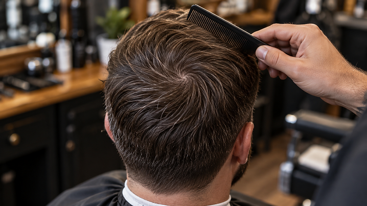 Close-up of a natural crown whorl as a barber assesses hair growth direction with a comb.