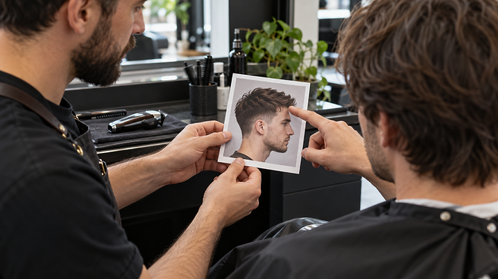 Barber and client reviewing a haircut reference photo during the consultation.