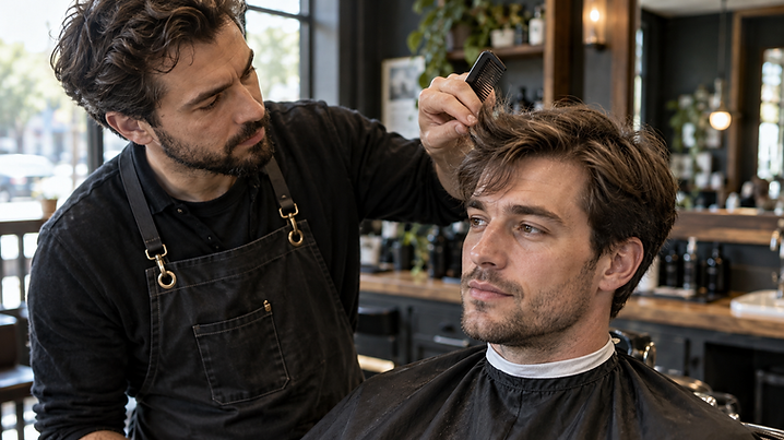 Barber assessing the natural lift and direction of a client's fringe before cutting.