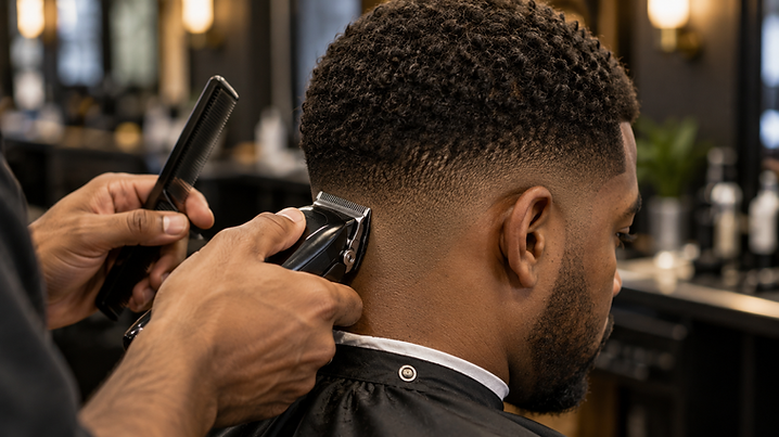 Barber using clippers and a comb to refine the transition of a low fade behind the ear.
