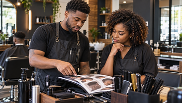 African-American barber and hairstylist reviewing haircut examples together at a salon workstation.