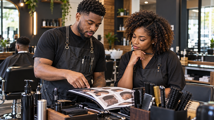 African-American barber and hairstylist reviewing haircut examples together at a salon workstation.