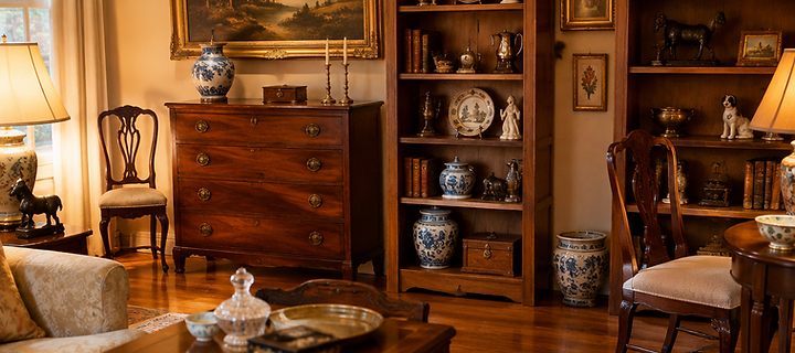 Household furnishings organized for an estate liquidation auction