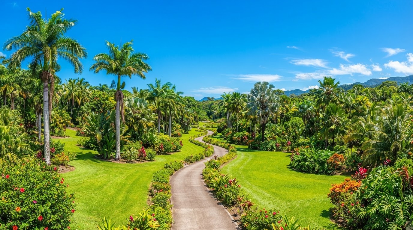 Sunlit lush park landscape with winding path and tall trees
