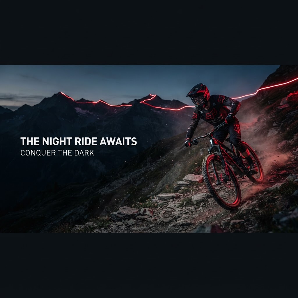 Ciclista de mountain bike em trilha ao anoitecer
