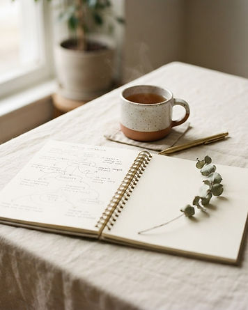 A printed coaching workbook, a mug of tea and a pen on cream linen