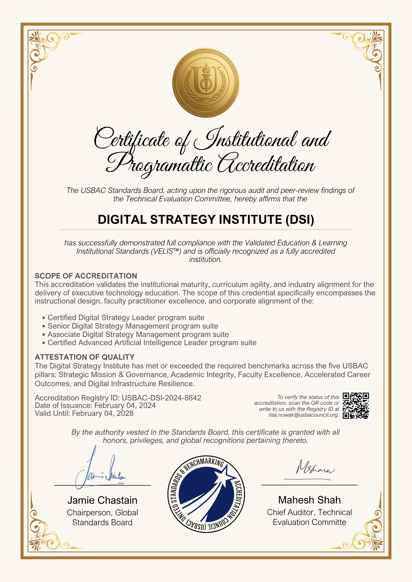 USBAC Certificate of Institutional and Programmatic Accreditation
