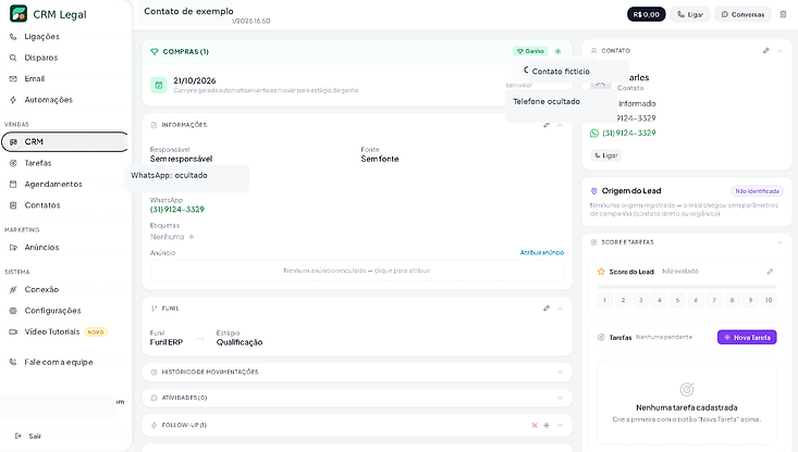 Tela de negociação da CRM Legal com as informações comerciais do contato