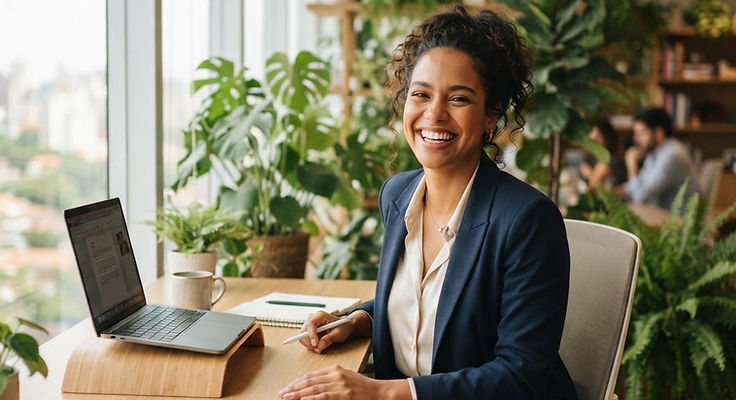 Profissional trabalhando em um escritório claro, com o CRM Legal aberto no computador