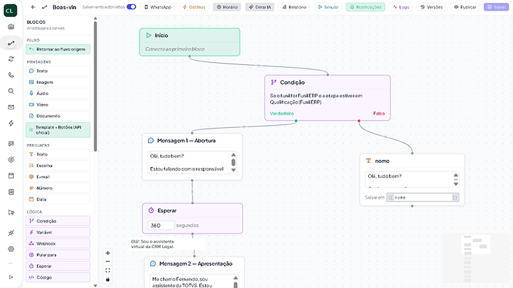 Construtor visual de automações da CRM Legal com um fluxo de atendimento sendo montado