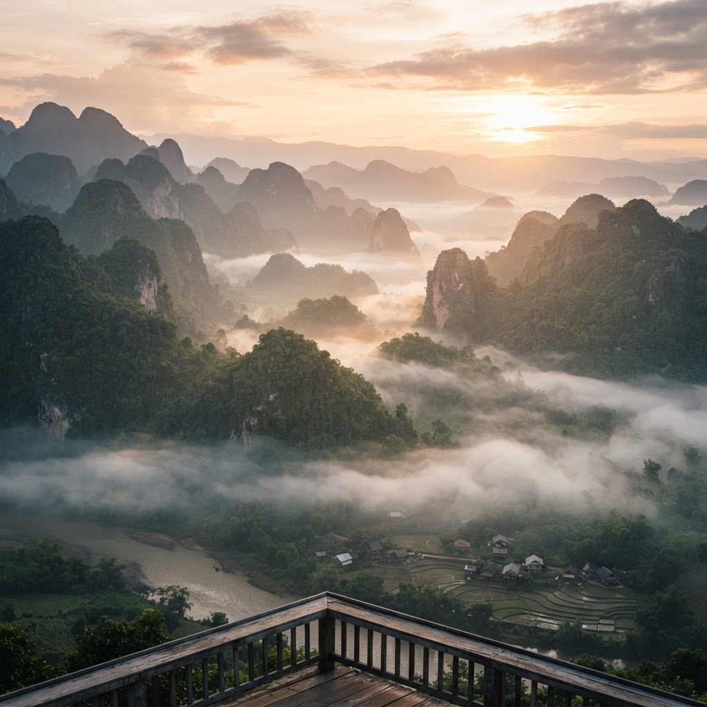 Mist-shrouded mountains of Southeast Asia at sunrise