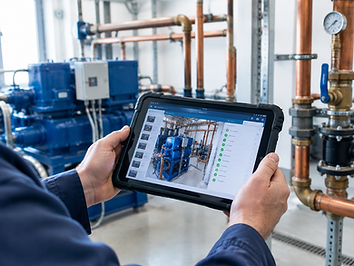 Technician holding a ruggedized tablet in a mechanical room