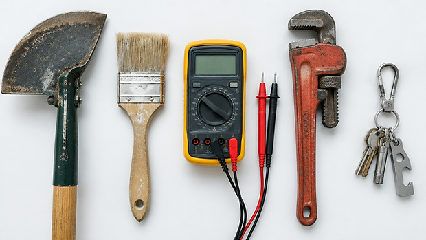 Assorted trade tools organized on a white surface