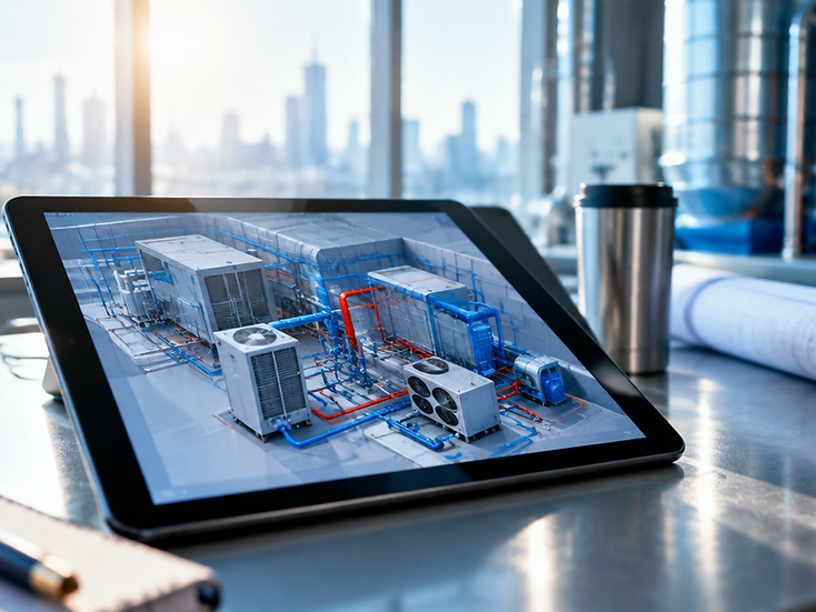 Modern workspace with a tablet showing a complex HVAC system diagram