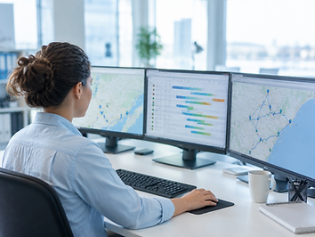 Dispatcher in a bright modern office looking at monitors