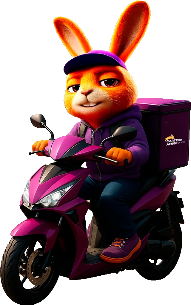 Migo, mascote do Carteiro Amigo, pilotando uma moto
