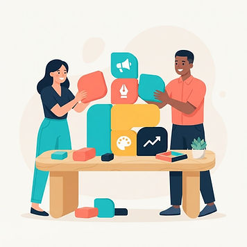 Founders assembling a colorful brand structure from building blocks