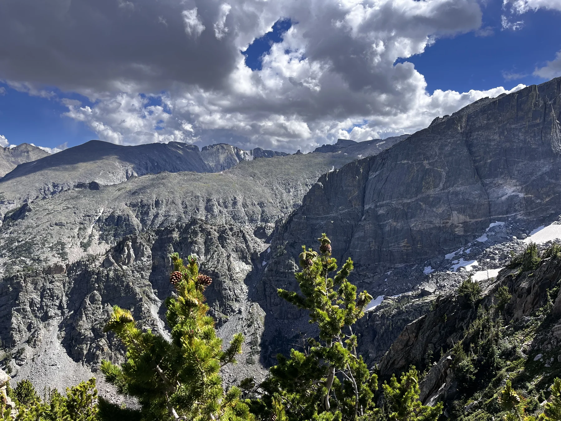 Rocky mountain cliffs, patches of snow and pines beneath passing clouds