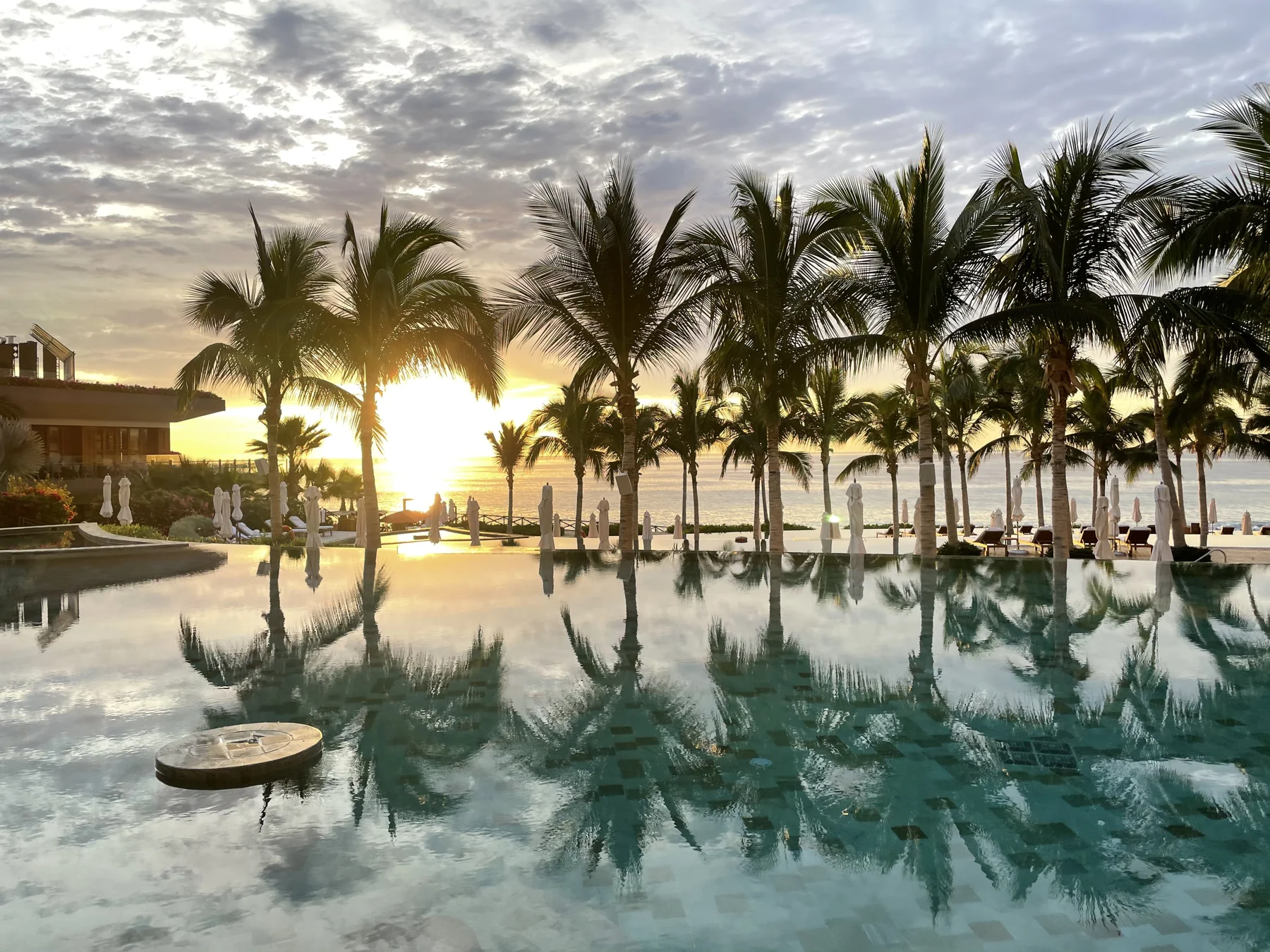 Palm trees and the setting sun reflected in a pool beside the ocean