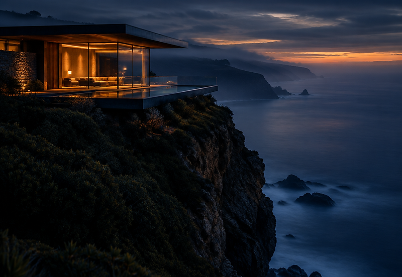 Architectural estate at blue hour overlooking a calm ocean