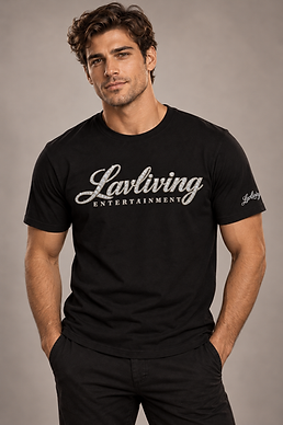 Man wearing a black Lavliving Horizontal Diamond Script tee with horizontal chest branding and wearer-left sleeve script against a light neutral backdrop.