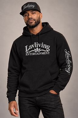 Man wearing a black Lavliving Half Moon Diamond hoodie with diamond arch chest branding and visible wearer-left sleeve script, and a platinum script flat-brim cap, with his whole head and garment artwork visible.