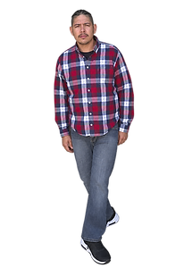 Willie Mac standing in a plaid shirt, jeans and sneakers; his full head and both shoes are visible against the original transparent background.