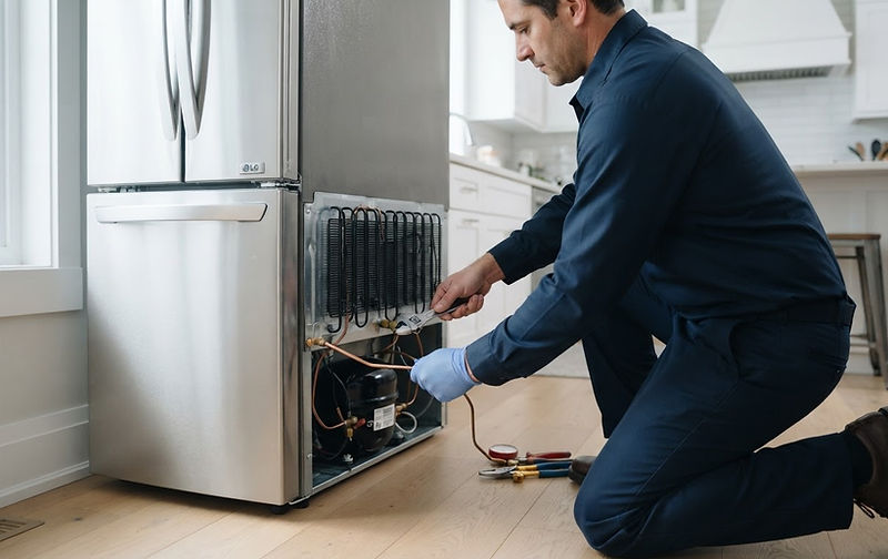 Technician repairing a refrigerator in a residential kitchen