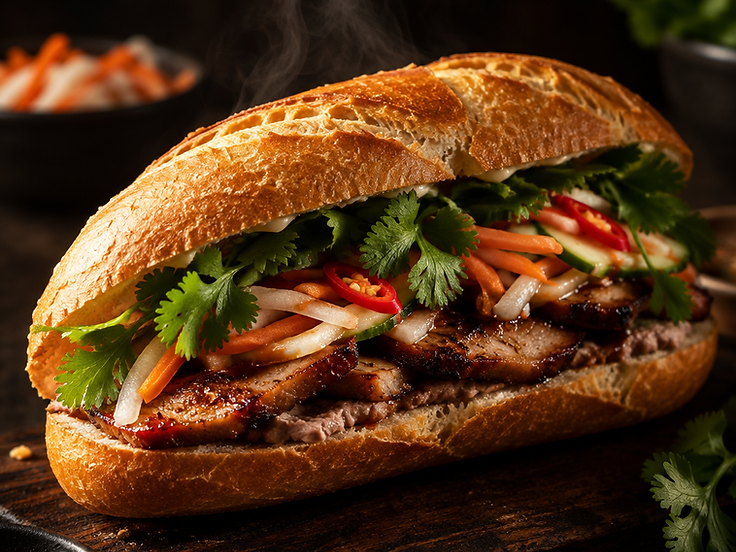 Bánh mì vietnamien croustillant garni de porc grillé et crudités