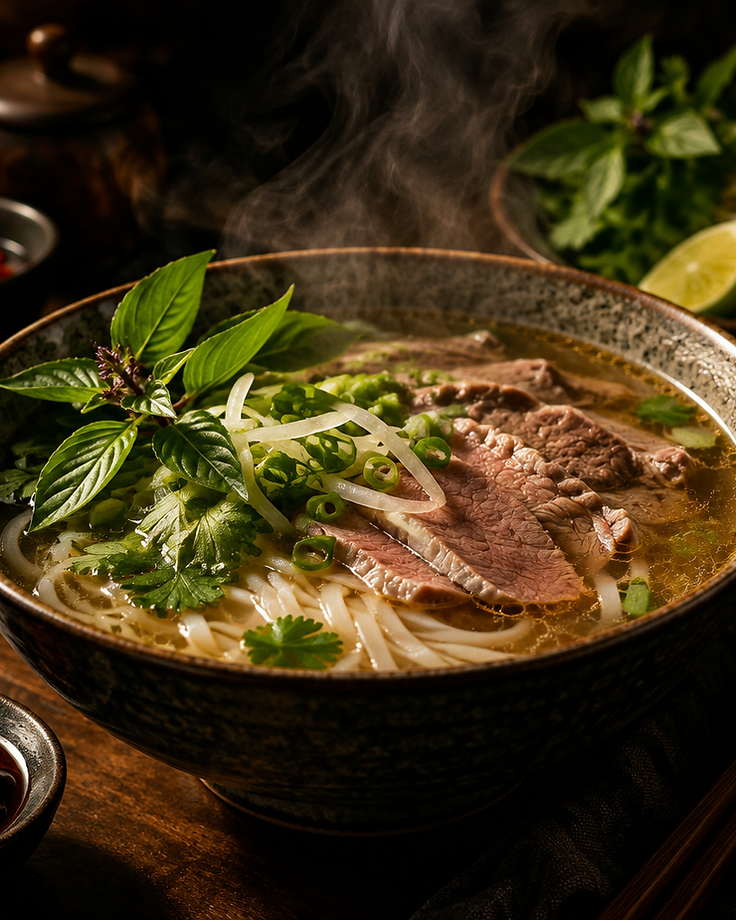 Bol de Phở vietnamien, bouillon parfumé, nouilles de riz et herbes fraîches