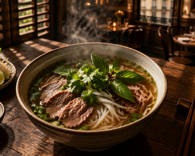 Bol de Phở vietnamien fumant sur une table en bois, ambiance chaleureuse du restaurant HÀ NỘI ÉTOILE à Paris