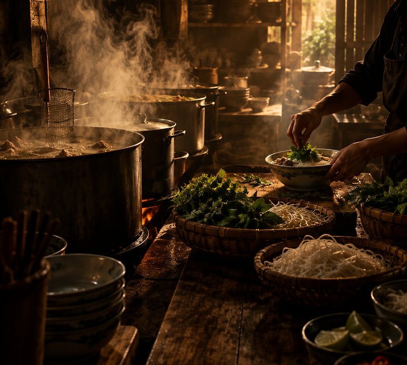 Cuisine vietnamienne, vapeur s'élevant des marmites de bouillon