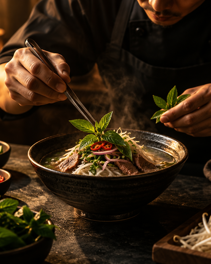 Chef préparant un plat vietnamien avec soin
