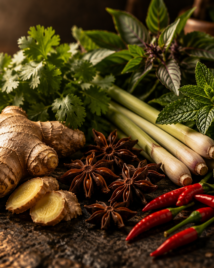 Ingrédients frais de la cuisine vietnamienne : gingembre, anis étoilé, citronnelle et herbes fraîches
