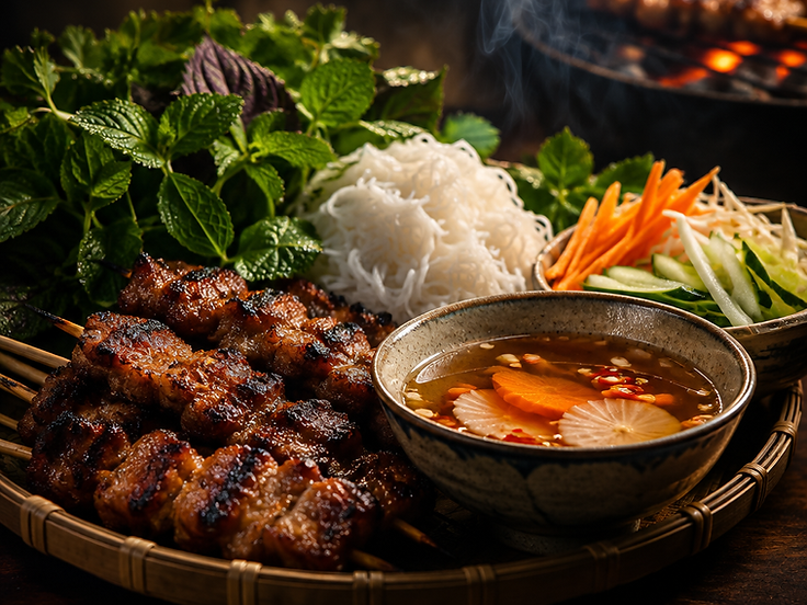 Bún chả vietnamien, porc grillé, vermicelles de riz et crudités