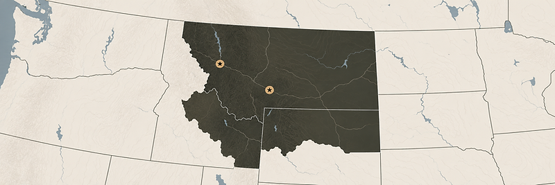 Distribution territory map of the Northern Rockies highlighting Big Sky Provisions refrigerated warehouse facilities in Bozeman and Missoula, Montana