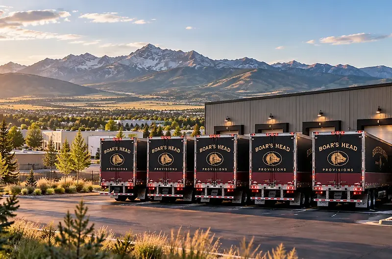 Boar's Head semi-trailers parked at the Bozeman warehouse at sunset with mountain peaks beyond