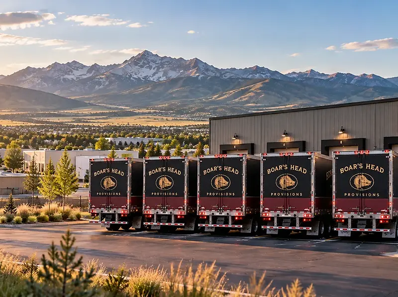Boar's Head semi-trailers parked at the Bozeman warehouse at sunset with mountain peaks beyond