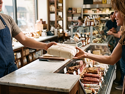 Deli counter handoff of a wrapped charcuterie order at a specialty grocer