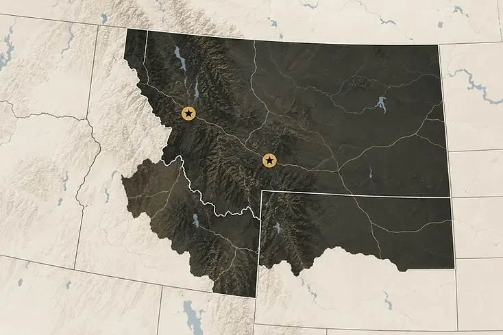 Big Sky Provisions distribution territory map showing warehouse locations in Bozeman and Missoula, Montana