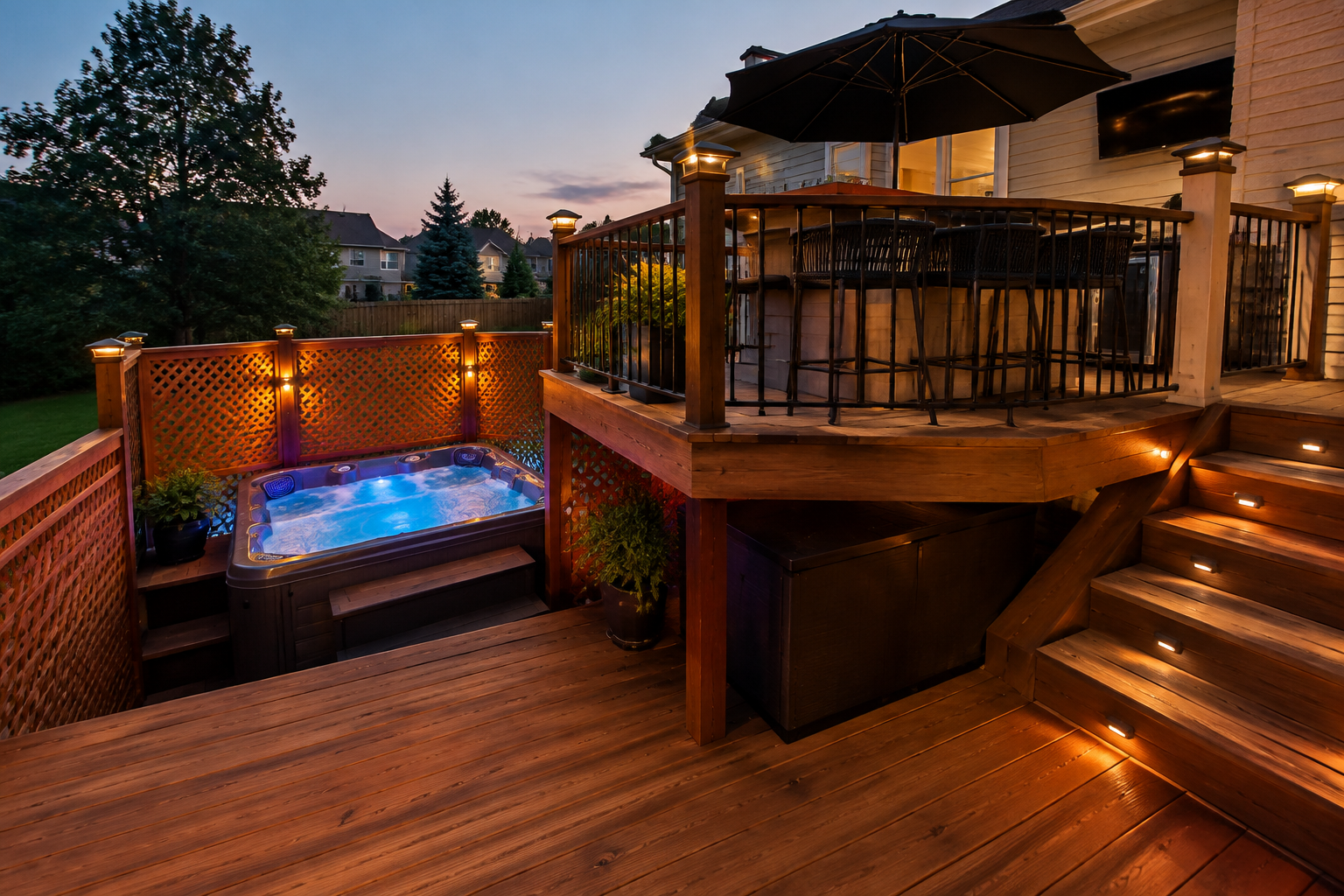 Two-level deck with hot tub on lower level and privacy lattice